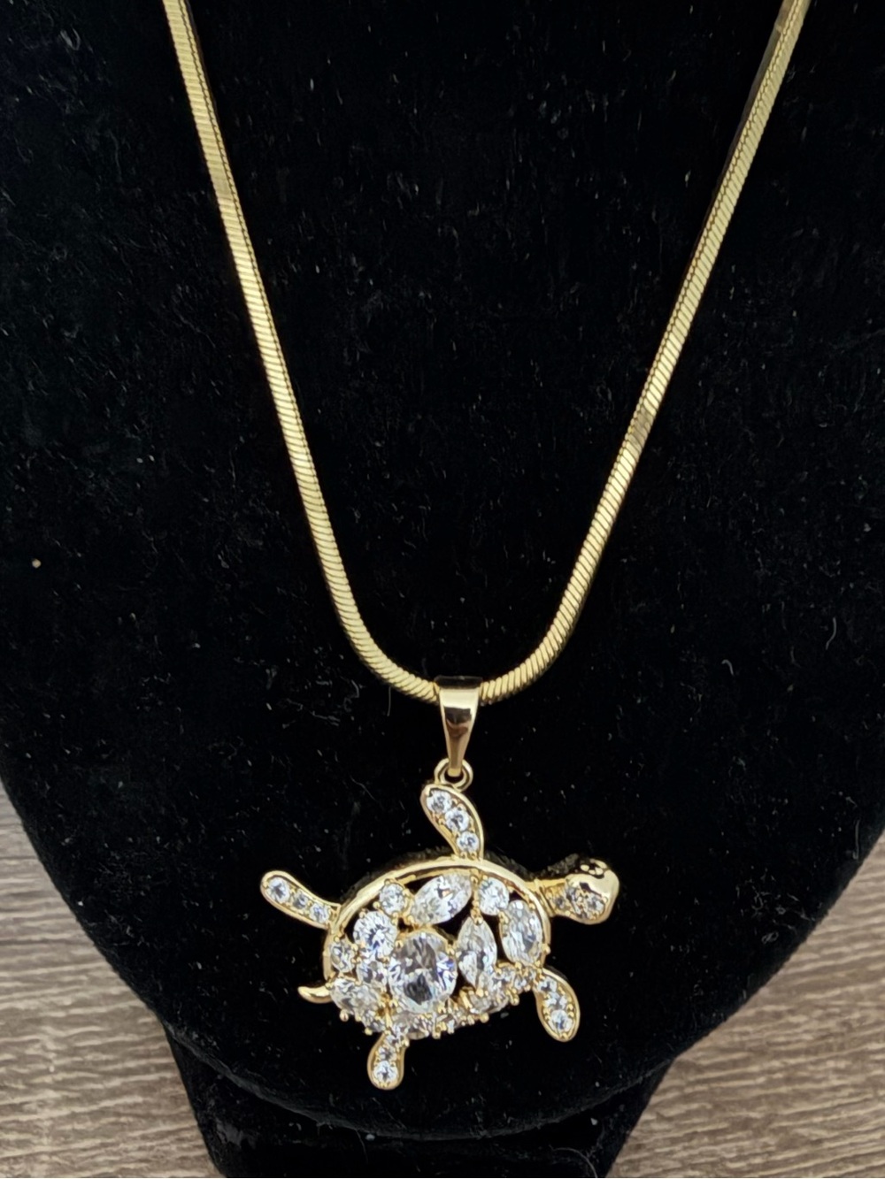 Ping Gold Turtle Pendant Necklace with Clear Crystals